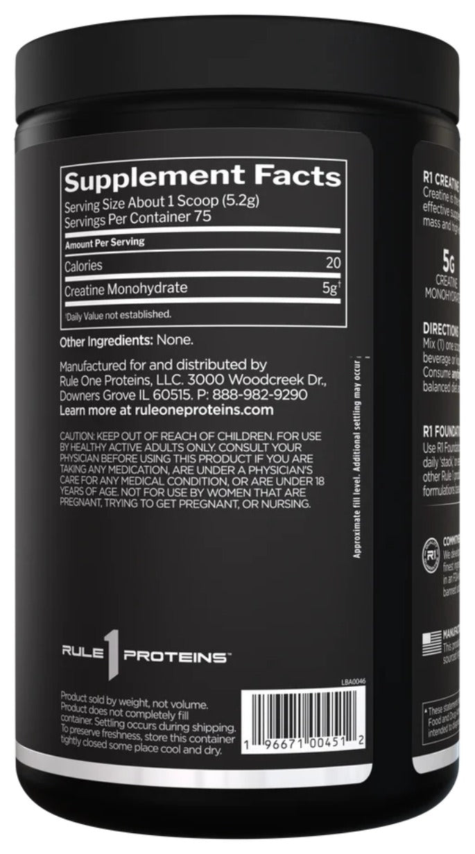Nutrition facts for Rule 1 R1 Creatine Monohydrate - Unflavored