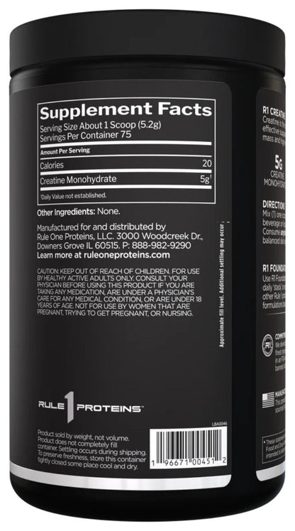 Nutrition facts for Rule 1 R1 Creatine Monohydrate - Unflavored