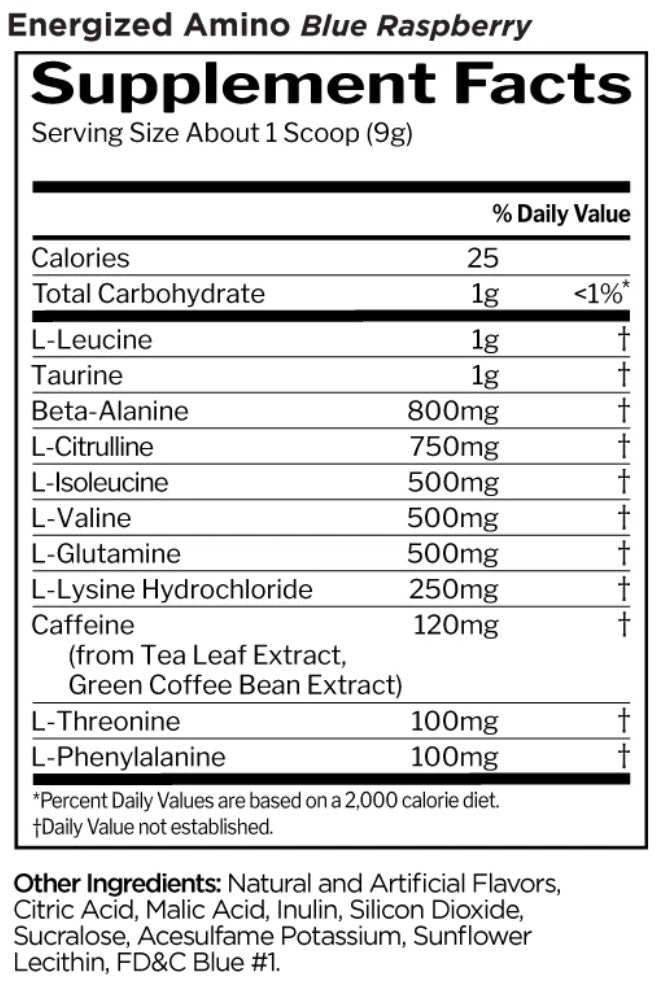 Nutrition facts for Rule 1 R1 Energized Amino - Blue Raspberry