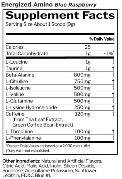 Nutrition facts for Rule 1 R1 Energized Amino - Blue Raspberry