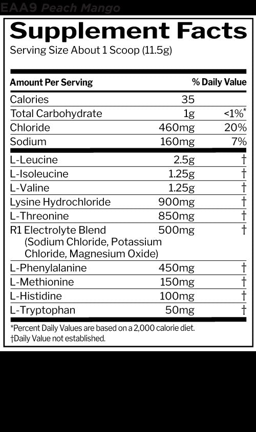 Nutrition facts for Rule 1 R1 Essential Amino 9 - Peach Mango