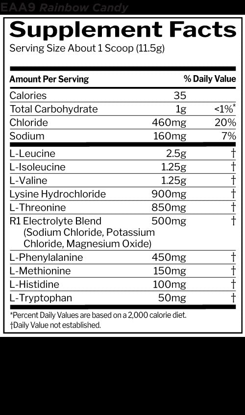 Nutrition facts for Rule 1 R1 Essential Amino 9 - Rainbow Candy