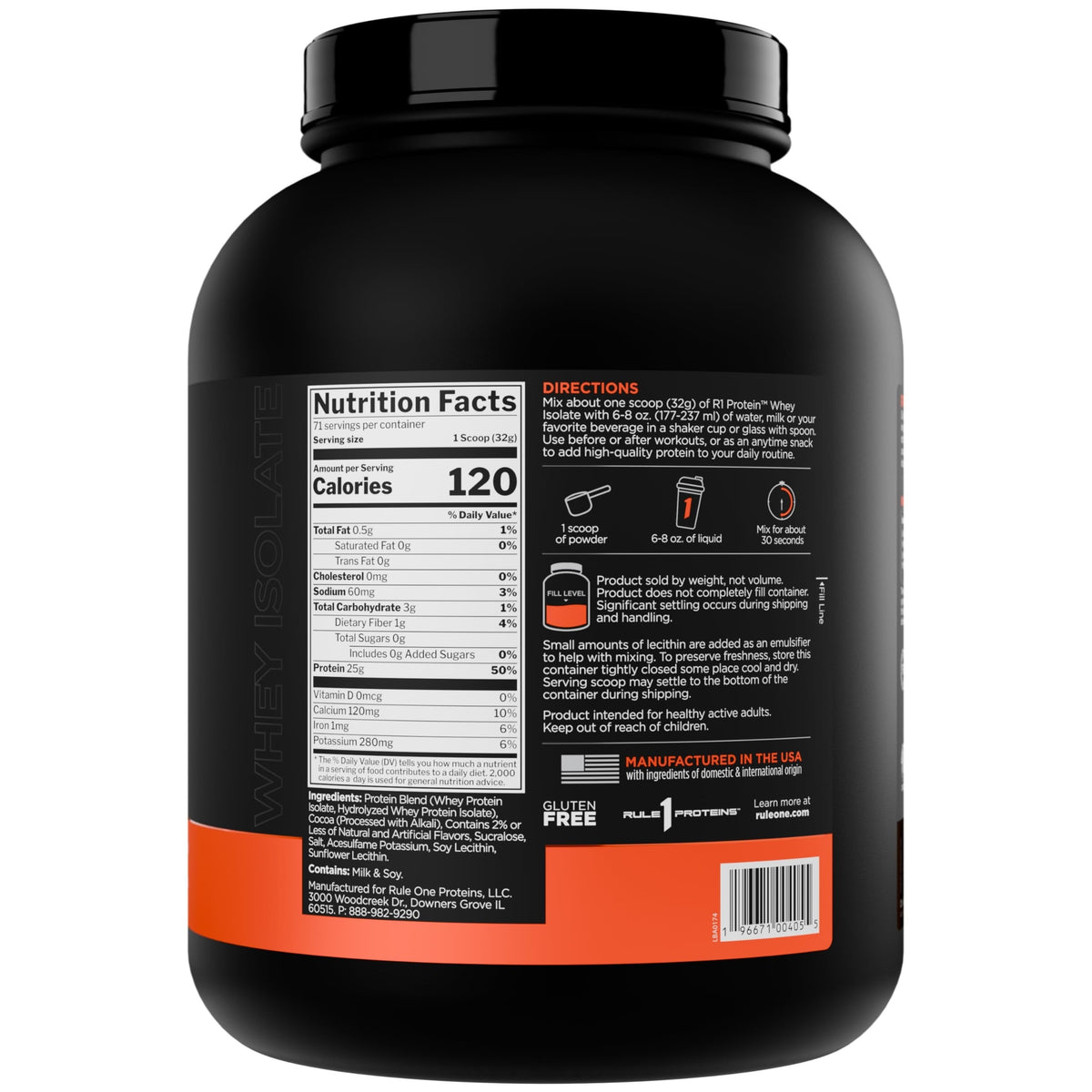 Nutrition facts for Rule 1 R1 Protein Whey Isolate 5lbs - Chocolate Fudge