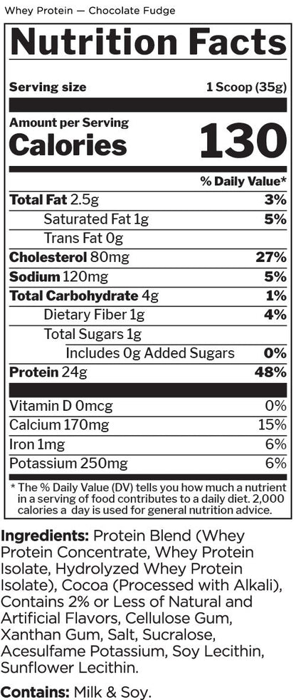 Nutrition facts for Rule 1 Whey Protein 5 LBS - Chocolate Fudge