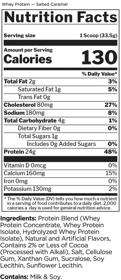 Nutrition facts for Rule 1 Whey Protein 5 LBS - Salted Caramel