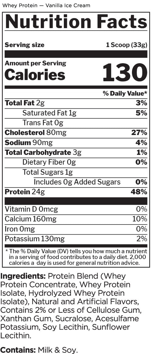Nutrition facts for Rule 1 Whey Protein 5 LBS - Vanilla Ice Cream