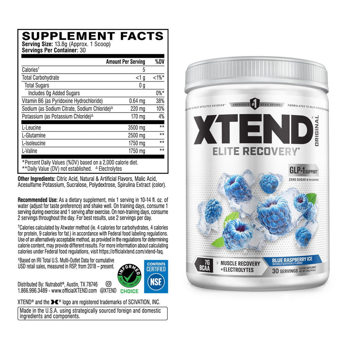 Nutrition facts for Scivation Xtend BCAA - Blue Raspberry