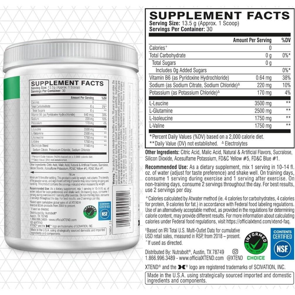 Nutrition facts for Scivation Xtend BCAA - Lemon Lime Squeeze