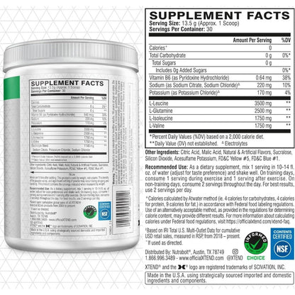 Nutrition facts for Scivation Xtend BCAA - Lemon Lime Squeeze