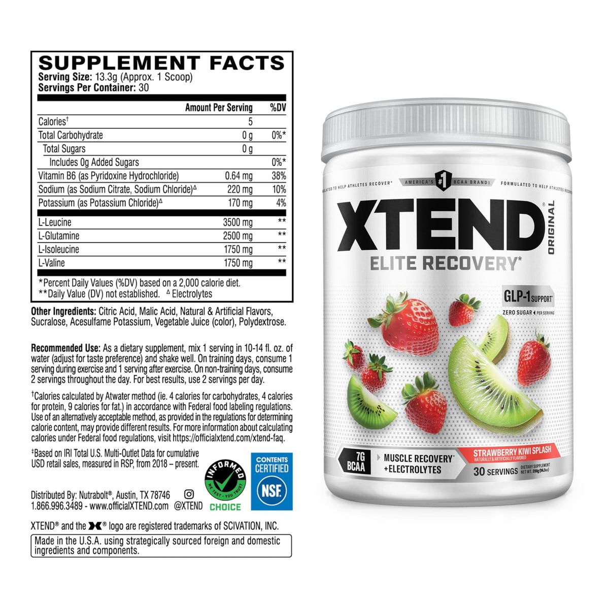 Nutrition facts for Scivation Xtend BCAA - Strawberry Kiwi