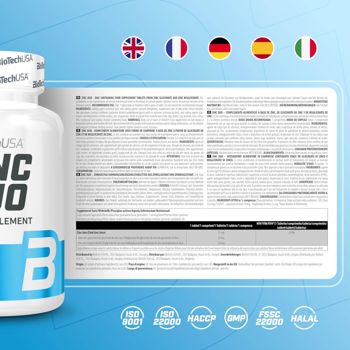 Nutrition facts for BiotechUSA Zinc Duo 60 Caps